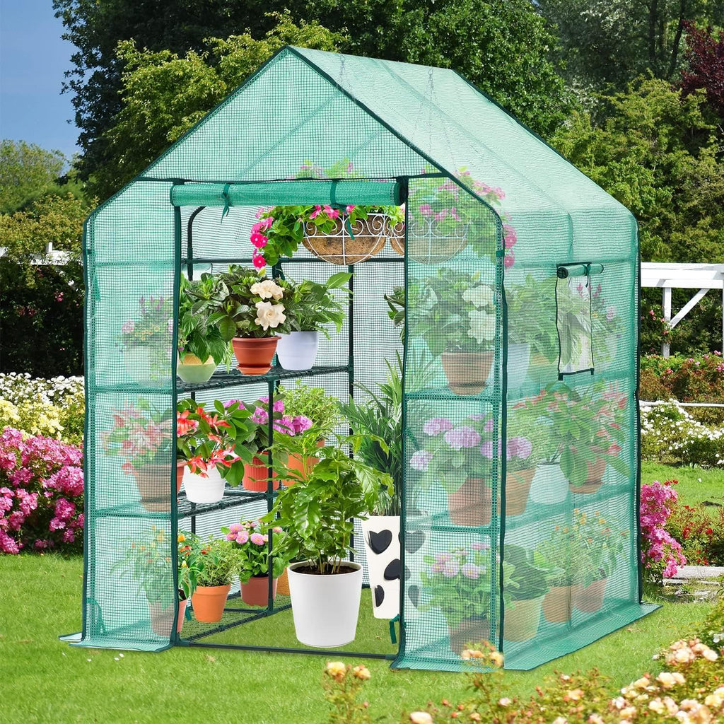 Walk-In Greenhouse for Outdoors, 57" x 57" x 76.8" Heavy Duty Plant Greenhouse with 12 Shelves, UV-Resistant PE Cover, Screen Windows, Portable Backyard Green House for Patio Garden