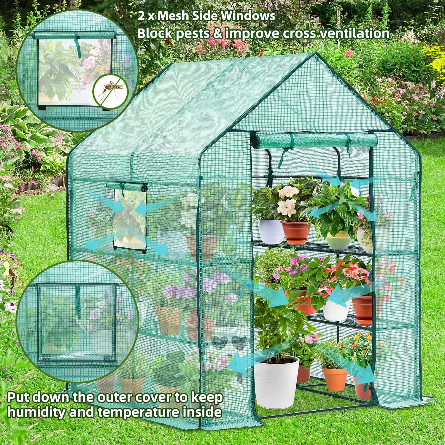 Walk-In Greenhouse for Outdoors, 57" x 57" x 76.8" Heavy Duty Plant Greenhouse with 12 Shelves, UV-Resistant PE Cover, Screen Windows, Portable Backyard Green House for Patio Garden