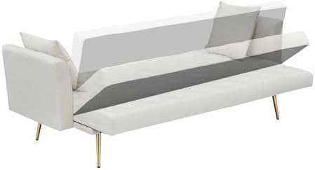 71" Modern Velvet Sofa Bed Futon, Convertible Sleeper Couch, Adj. Backrest | Tufted Recliner Loveseat Design with Golden Chrome Legs & 2 Pillows, Perfect for Small Spaces, Living Room, Apartment