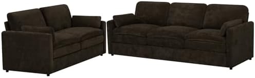 Comfy Chenille Sofa Set with Well-Filled Pillows, Brown | Modern 3 Seater & Loveseat Sofa w/Upholstered Cushions, 2 Pieces Sectional Couch w/Soft & Thickened Seats for Living Room