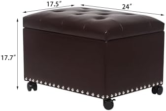Joveco Leather Storage Ottoman with 360° Caster Wheels 24" Foot Rest Bench Rectangle Ottomans Stool for Living Room Bedroom (Brown, Wheels)