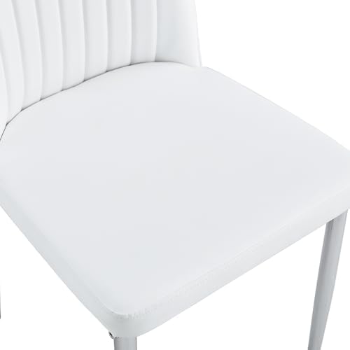 Upholstered Dining Chairs Set of 4, Mid-Century Modern Leather Dining Room Chair with Metal Legs & Padded Seat, Stylish Elegant Living Room Accent Chair (White-Silver, Set of 4)