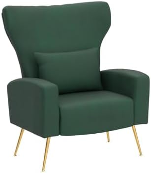 Modern Accent Chairs Set of 2, Wingback Chair with Arm & Gold Legs, Living Room Bedroom Side Chair with Lumbar Pillow, Velvet Upholstered, Channel Tufted, Green