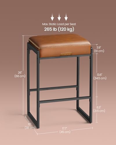 VASAGLE Bar Stools Set of 4, Counter Height, PU Leather, 26-Inch | Mid-Century Modern Bar Stool with Stitching, Kitchen, Home Bar, Dining Room, Caramel Brown, EKHO Collection ULBC286K01
