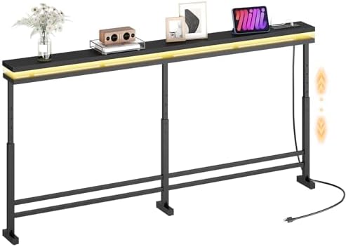 YATINEY 70.9" Behind Couch Table with LED Lights, Narrow Console Table with Adjustable Height (27.6"-35.4"), 5.9" Wide Sofa Tables Narrow Long with USB-C Ports, Sofa Side Table, Black CT26UDBB