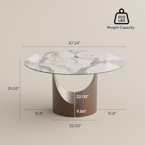 POVISON 59" Round Dining Table for 6, Pandora Sintered Stone Tabletop | Mid-Century Dining Table with Bronze Carbon Steel Pedestal, Modern Dining Room Table for Kitchen, Living Room (Table Only)