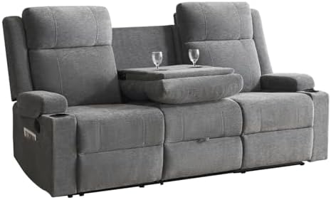 Chenille Reclining Sofa 3-Seater with Convertible Table, Storage Ottoman & Cup Holders | Modern Space-Saving Couch, Ergonomic Living Room Furniture (Gray)