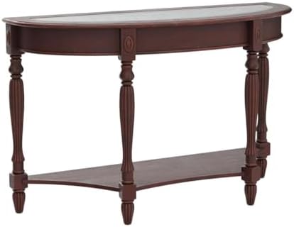 PADMA HOUSE 2-Tier Traditional Wood Semi-Circle Sofa Table with Glass Top | Cherry Walnut 45.3"W*17.7"D*30.9"H, Half-moon Console Table with Shelf for Living Room, Glass Entry Table for Homeoffice