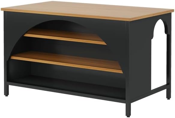Kitchen Island with Open Shelves, Black and Natural Wood Top | 3-Tier Storage, Arched Side Panels, 55.12" x 31.5" Top, Metal Frame Base, Freestanding Design