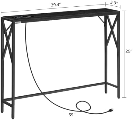 MAHANCRIS 5.9" Narrow Sofa Table with Charging Station, 39.4 Behind Couch Table with Outlet, Slim Entryway Console Table, Small Space, for Hallway, Living Room, Foyer, Black CTHB151E01