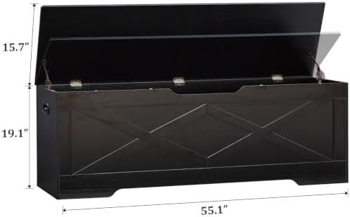 55.1" Storage Bench,Storage Chest for Entryway, Mudroom & Bedroom | 55.1L”x15.7W”x19.1H” Wooden Storage Bench,Storage Trunk with 2 Safety Hinges,Supports 220 lb,Easy Assembly( Black)