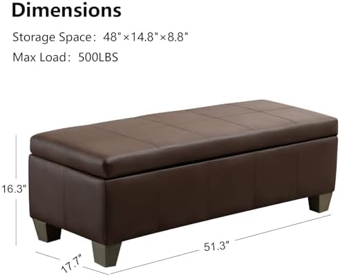 51 Inch Storage Ottoman, Storage Bench with Safety Hinge, Upholstered Synthetic Leather Ottoman Bench for Bedroom, Living Room, Entryway, Hallway, Foot Rest, Support 500lbs, Brown