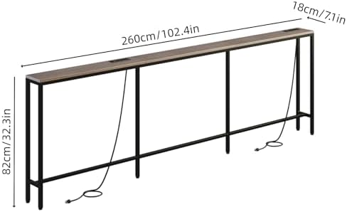 102.4" Behind Couch Table with 2 Fast Charging Stations, 7.1" Narrow Skinny Sofa Table with 4 Power Outlets, 4 USB-A, 2 USB-C for Console Entryway, Black Oak