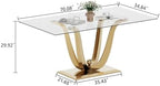 70" Glass Dining Table Set for 6, Modern Kitchen Table with 6 PU Leather Dining Chairs 7-Piece Dining Table and Chairs for 6 with Shiny Gold Metal Pedestal Base