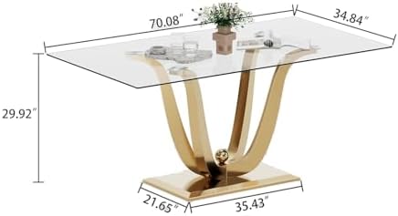 70" Glass Dining Table Set for 6, Modern Kitchen Table with 6 PU Leather Dining Chairs 7-Piece Dining Table and Chairs for 6 with Shiny Gold Metal Pedestal Base