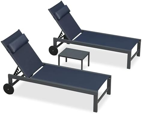 PURPLE LEAF Outdoor Chaise Lounge Set of 3 Pool Lounger Pillow, Navy Blue | Lightweight aluminum frame, Fade-resistant textilene fabric, Wheels for easy movement, 5 Adjustable positions, Easy assembly