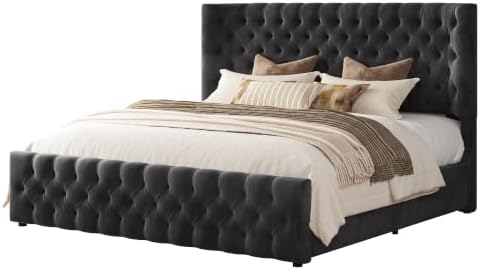AMERLIFE Upholstered King Bed Frame with Wingback Headboard, Black Velvet
