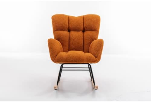 Rocking Chair, Upholstered Teddy Fabric Glider Chair, Lounge Accent Armchair with High Backrest and Thick Cushion, Accent Rocking Chairs for Living Room, Bedroom, Orange