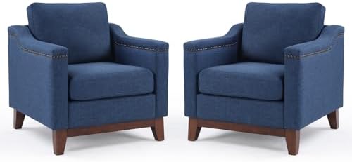 HAOMARKETS Vintage Upholstered Armchair Set of 2 with Nailhead Trim and Solid Wood Legs, Comfortable Accent Chair for Living Room & Bedroom, Blue