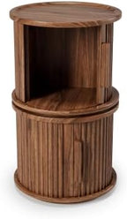 Round Coffee Table Set of 2, Nesting Side Table with Sliding Door Storage | Rotatable Round Coffee Table, Fluted Wood Drum End Table with Storage Compartment, Versatile Side Cabinet for Home Decor