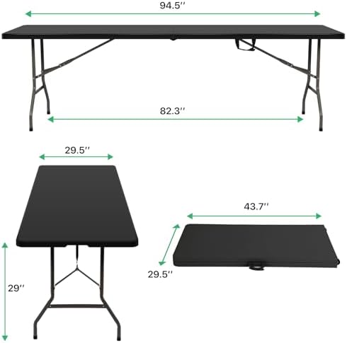 8Ft Folding Table Plastic Portable with Built in Handle & Steel Legs Black | 500LBS Capacity Portable Handle and Non-Slip Feet Indoor Outdoor Perfect for Parties, Dining, Weddings, Camping and BBQ