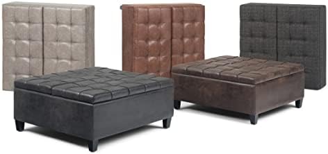 SIMPLIHOME Harrison 36" Wide Vegan Leather Lift Top Ottoman in Saddle Brown | Distressed saddle brown, transitional lift-top ottoman with hidden storage for living room; square footstool or coffee table.