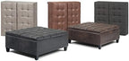 SIMPLIHOME Harrison 36" Wide Vegan Leather Lift Top Ottoman in Saddle Brown | Distressed saddle brown, transitional lift-top ottoman with hidden storage for living room; square footstool or coffee table.