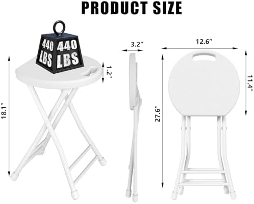 Folding Stool, 18 Inch Foldable Stool with Handle & Steel Frame, Pack of 8 Folding Bar Stools, 440lbs Sturdy Foldable Lightweight Metal Chair for Camping, Indoor and Outdoor, White