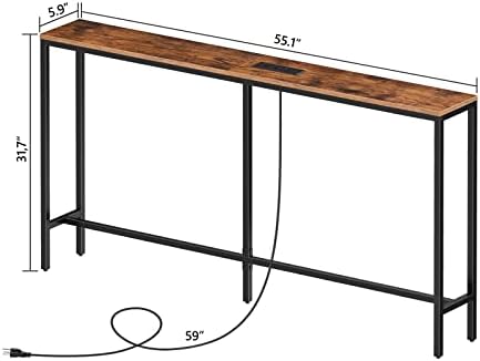 MAHANCRIS 55.1 Skinny Console Table with Power Outlets, 5.9" Slim Sofa Table Behind Couch, Long Entryway Tables, Narrow Sofa Hallway Table, Living Room CTHR145E01