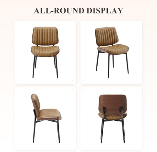 MALOL Leather Dining Chairs Set of 6, Modern Upholstered Dining Room Kitchen Chairs with Metal Legs and Wooden Back Support for Home Dining Room/Restaurant, Light Brown
