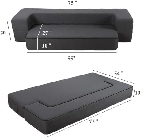 10 Inch Folding Sofa Bed Memory Foam Futon Chair Bed, Modern Fold Out Couch | Full Size Convertible Sleeper Sofa for Living Room, Foldable Floor Guest Mattress, Dark Grey