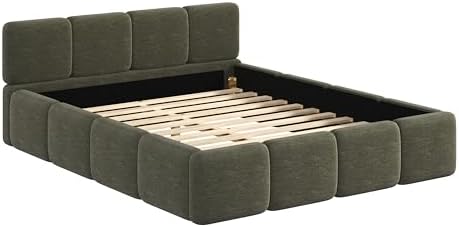 Merax Queen Linen Blend Platform Bed, Thick Headboard and Footboard, Green