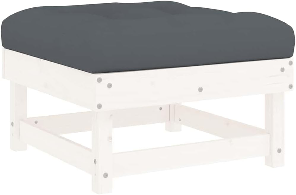 Outdoor Garden Footstool with Cushion, 24 x 24 Inch Square Pine Wood Patio Ottoman, Rustic Weather-Resistant Ottoman for Backyard, Deck, and Balcony, White