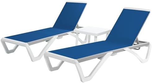 Kozyard Outdoor Chaise Lounge Chair, Full Flat Adjustable Patio Lounger with Aluminum Frame & Resin Legs, Textilene Fabric for Poolside, Backyard & Beach (Blue, 2Chairs + Table)