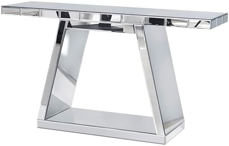 56" Silver Mirrored Console Table, Rectangle Glass Couch Behind Sofa Table with Trapezoid Base, Narrow Long Rectangular Accent Table for for Living Room Hallway Entryway Foyer Entrance