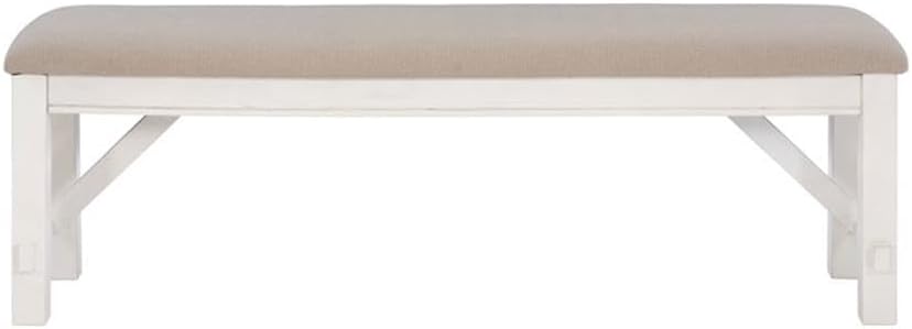 Pemberly Row 60" Wood/Fabric Bench, Smokey White Finish, Beige Upholstery, Transitional Style, Stain-Resistant Seat, Durable Construction, Comfortable Seating for Kitchen or Dining Room