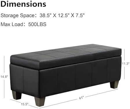 41" Storage Ottoman, Storage Bench with Safety Hinge, Upholstered Synthetic Leather Ottoman Bench for Bedroom, Living Room, Entryway, Hallway, Foot Rest, Support 500lbs, Black
