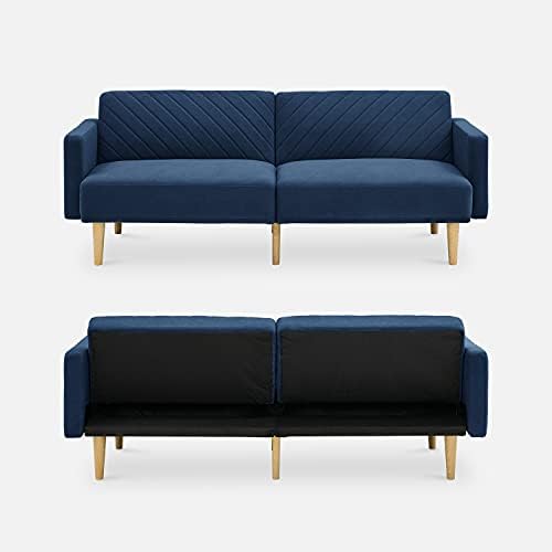mopio 76.4" Futon Sofa Bed Chevron Styled, Sleeper Couch (Classic Blue Velvet)