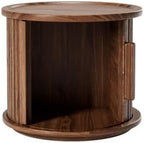 Round Coffee Table Set of 2, Nesting Side Table with Sliding Door Storage | Rotatable Round Coffee Table, Fluted Wood Drum End Table with Storage Compartment, Versatile Side Cabinet for Home Decor