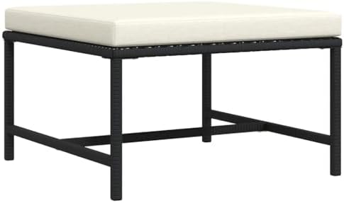 Outdoor Sectional Footrest with Cushion, Black Poly Rattan Footrest for Garden Lounge Set, Weather-Resistant PE Rattan and Powder-Coated Steel Frame, Use as Ottoman or Coffee Table