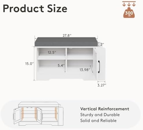 Farmhouse Shoe Storage Bench with 3-in-1 Entryway Storage & Padded Seat | 27.8" Wide Entryway Bench with Adjustable Shelves, Shoe Organizer & Side Storage Rack for Living Room, Bedroom, White