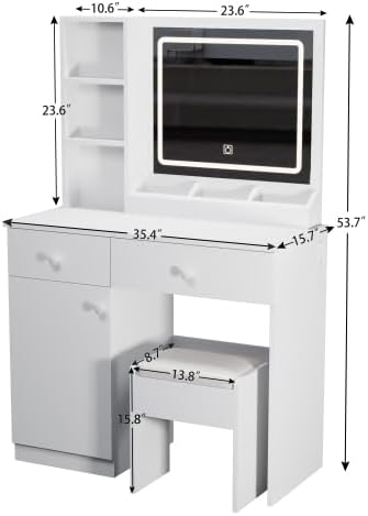 Vanity Set with Mirror and Stool and Lights, with Power Outlet,Dressing Table with Vanity Benches,for Girls Women with Storage Stool,for Bedroom with Chair (White)