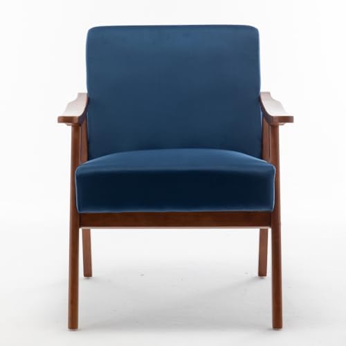 Lispin Mid-Century Modern Chair, Living Room Chair with Solid Wood Frame, Accent Chair Extra-Thick Backrest, Wingback Chair for Bedroom, Reading Room, Living Room (Blue + Velvet + Foam)