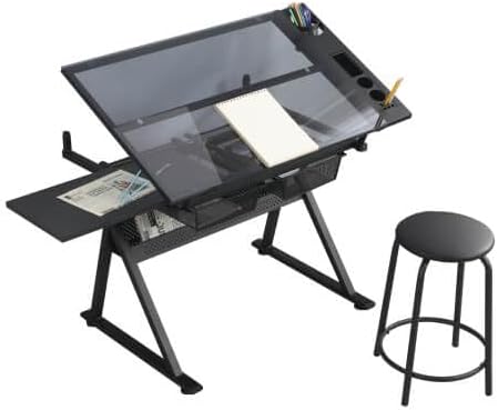Litex Adjustable Drafting Table with Stool, Glass Top Art Desk for Drawing & Painting, 0–75° Tilting Tabletop, Height Adjustable Craft Desk with Storage Drawers for Home Office Studio (Black)