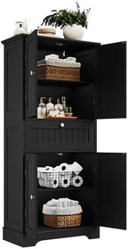 ChooChoo 51" H Bathroom Floor Cabinet with Drawers and Adjustable Shelves | Bathroom Storage Cabinet, Freestanding Kitchen Pantry Cupboard with 4 Doors for Living Room, Black