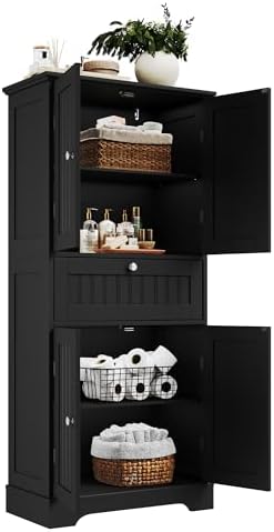 ChooChoo 51" H Bathroom Floor Cabinet with Drawers and Adjustable Shelves | Bathroom Storage Cabinet, Freestanding Kitchen Pantry Cupboard with 4 Doors for Living Room, Black