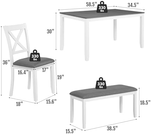 Zevemomo 6-Piece Solid Wood Dining Table Set, Wooden Legs, White | Including 1 Dining Table, 4 Upholstered Chairs and 1 Bench, Wooden Legs Dining Table Set for Dining Room, Kitchen, Restaurant