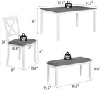 Zevemomo 6-Piece Solid Wood Dining Table Set, Wooden Legs, White | Including 1 Dining Table, 4 Upholstered Chairs and 1 Bench, Wooden Legs Dining Table Set for Dining Room, Kitchen, Restaurant
