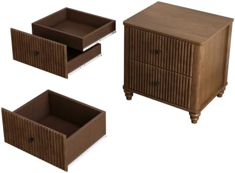Fluted Nightstand, 21.65 Inch Wide Mid Century Modern Bedroom Side Table with 3 Drawers, Wooden Bedside Table with Metal Handles, Storage for Living Room Hallway, Walnut