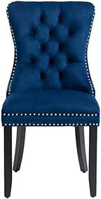 Set of 2 Upholstered Velvet Dining Room Chairs with Nailed Trim and Pulling Ring (Blue)